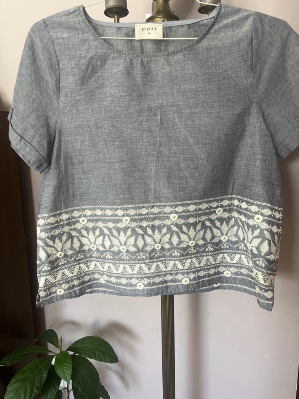 Everly Light Blue Embroidered Short Sleeve Top